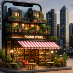 PUCHO Store social commerce marketplace illustrated as a mobile storefront connecting buyers, sellers, and creators.