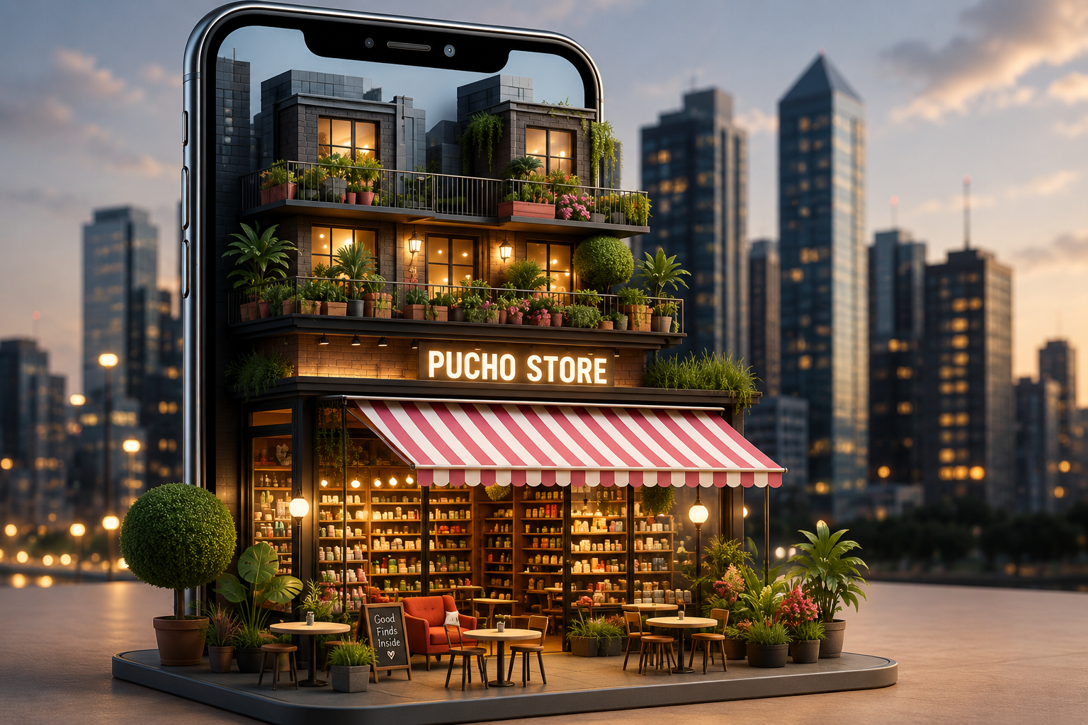 PUCHO Store social commerce marketplace illustrated as a mobile storefront connecting buyers, sellers, and creators.