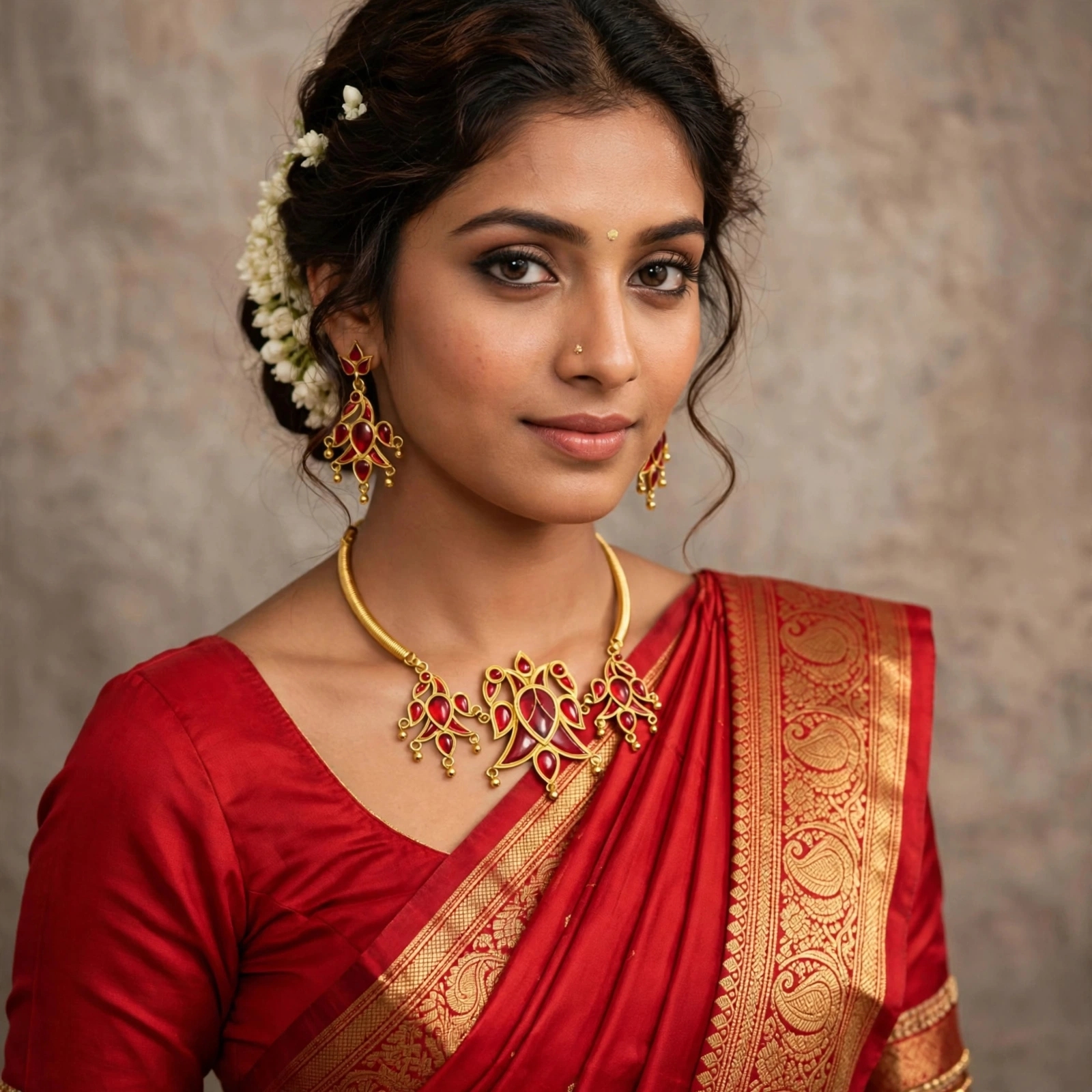 Red Floral Meenakari Necklace Set with Matching Earrings