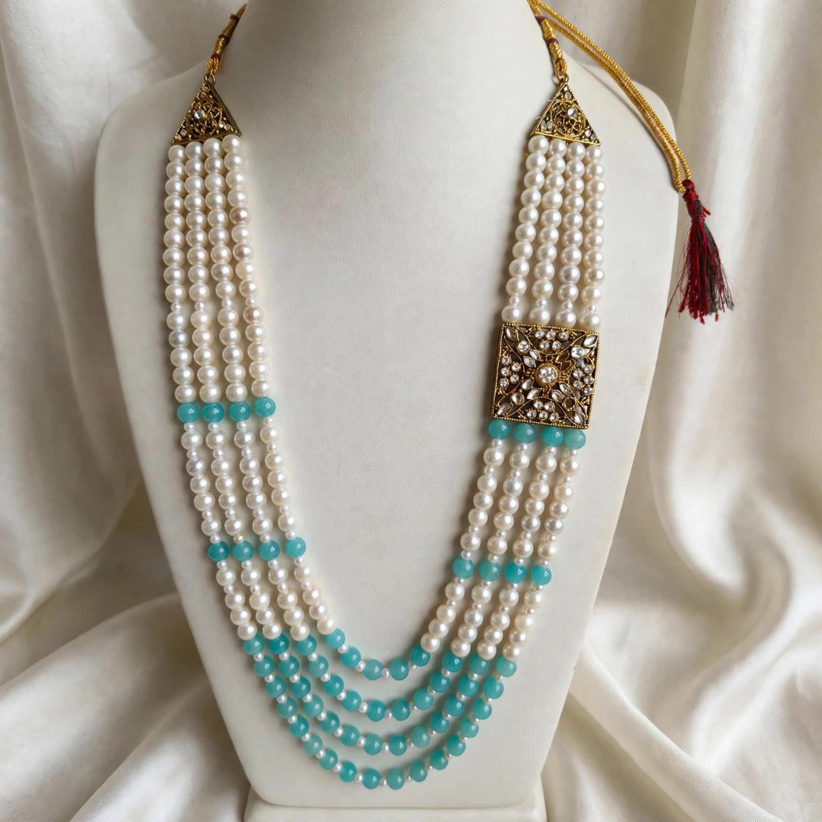 Men's Multi-Layer Pearl & Turquoise Beaded Groom Mala Necklace