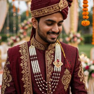 Traditional 4-Layer Pearl & Maroon Bead Rani Haar Necklace