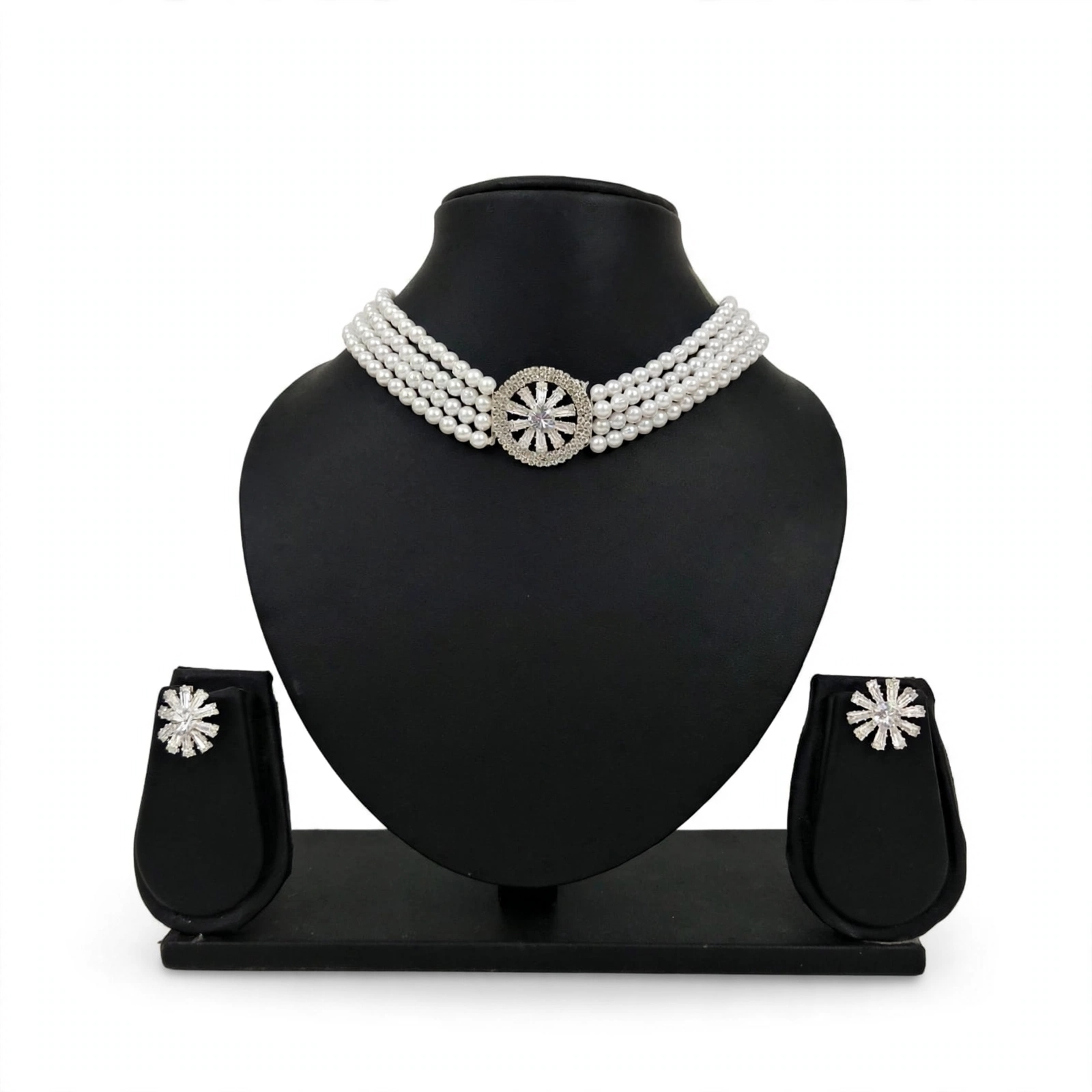 Pearl Multi-Strand Necklace Set with Rhinestone Pendant and Matching Earrings for Women