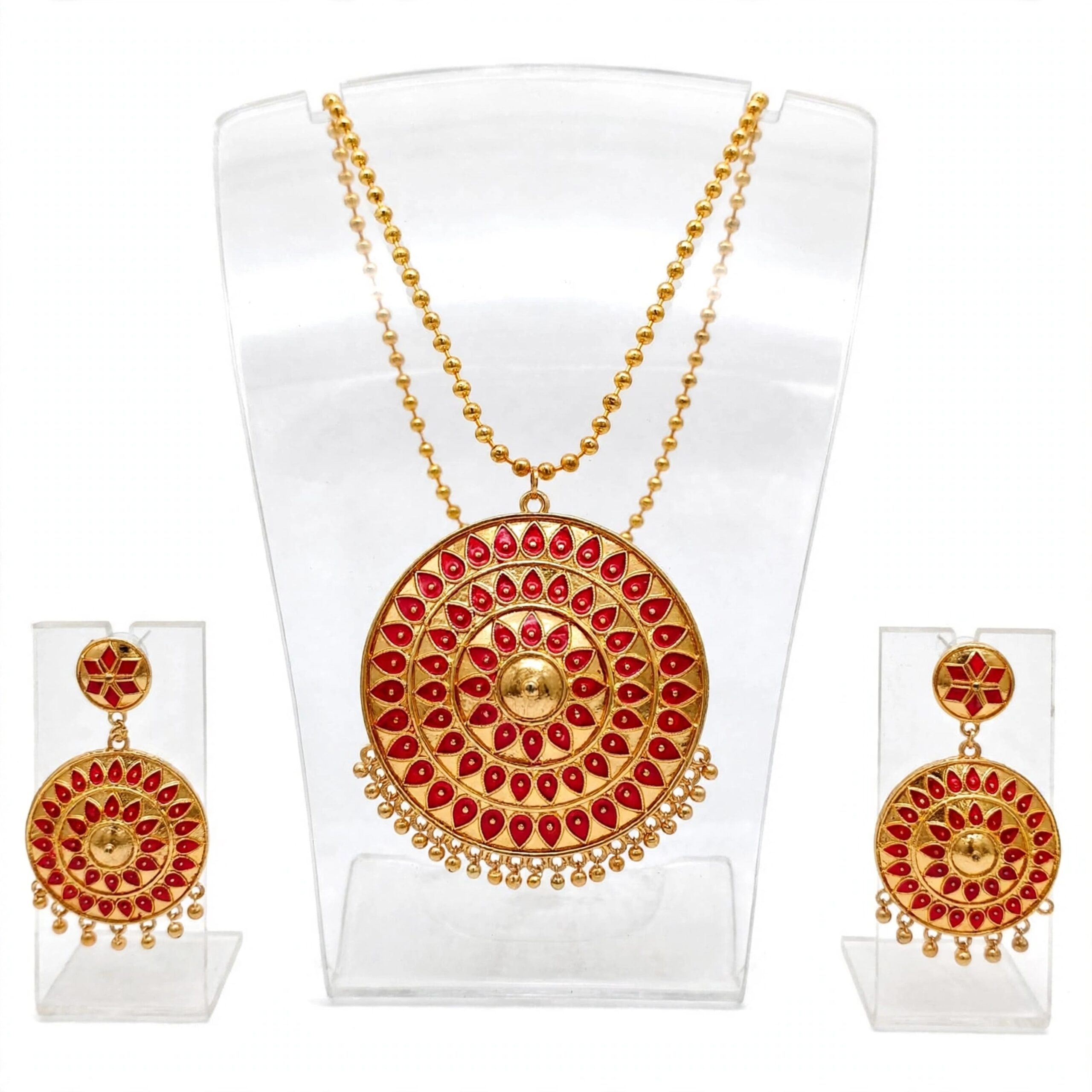 Red Gold-Tone Traditional Pendant Necklace Set with Matching Earrings for Women