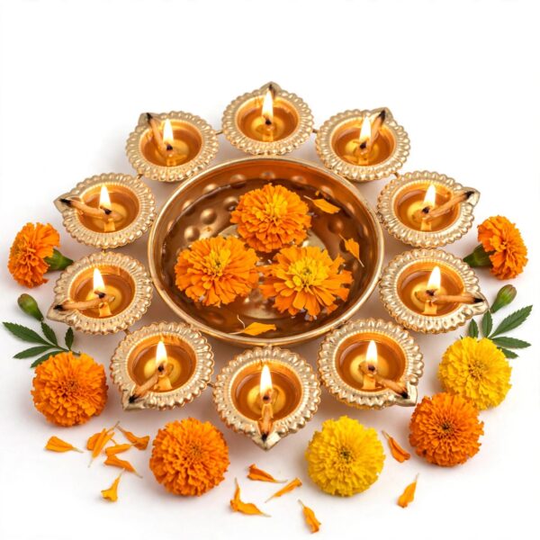 Golden Diya Thali with 10 Diyas