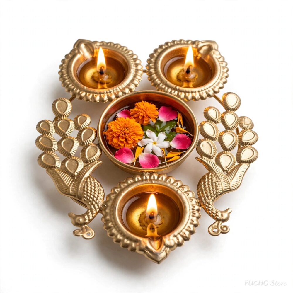 Golden Peacock Diya Set with Centre Bowl