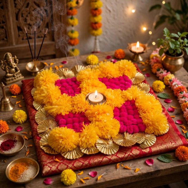 Floral Pooja Rangoli with Diya Holder – view 3